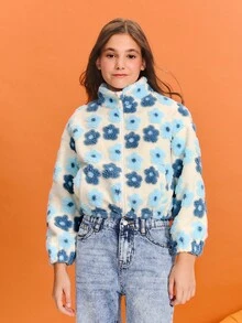 SHEIN Tween Girls' Casual Jacquard Knit Stand Collar Long Sleeve Jacket - Blue and White - View 3