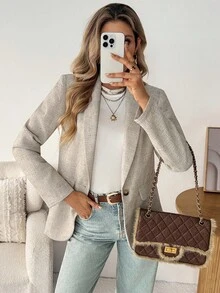 SHEIN LUNE 卡其色女士基础款纽扣西装外套，秋冬季女装，适合秋季、冬季等各种场合，包括外出上衣、乡村风格服饰等。 - 卡其色 - 查看 1