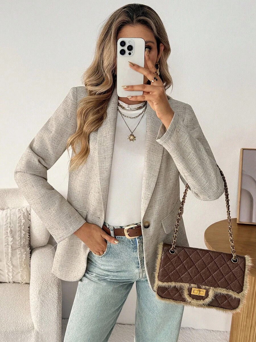 SHEIN LUNE 卡其色女士基础款纽扣西装外套，秋冬季女装，适合秋季、冬季等各种场合，包括外出上衣、乡村风格服饰等。 - 卡其色 - 查看 1