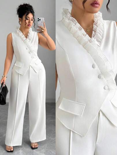 Elenzga Conjunto de 2 piezas de chaleco y pantalones con volantes, elegante y de talla grande, para verano