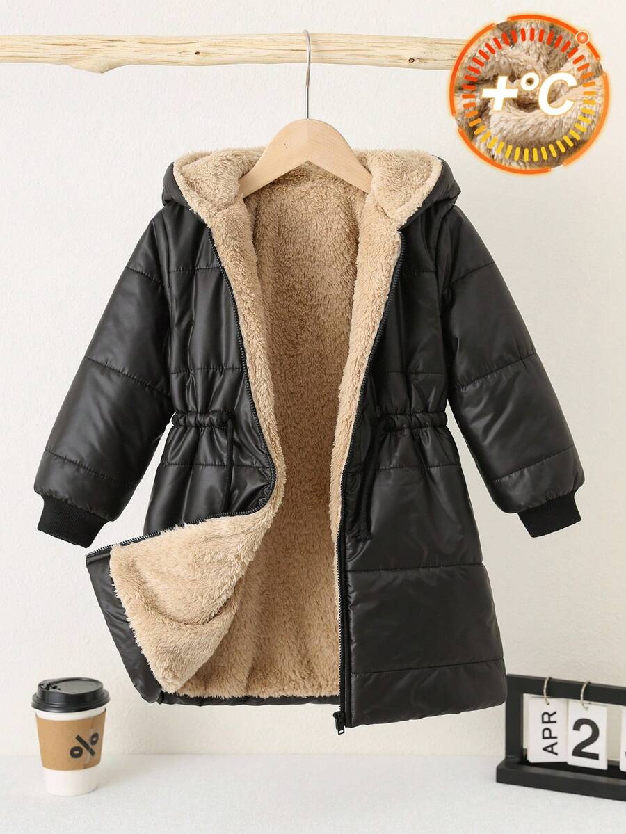 SHEIN 1 buc Palton matlasat pentru băieți, casual, universitar, confortabil, minimalist, practic, versatil, contrastant, căptușit termic, cu glugă până la genunchi, pentru întoarcerea la școală, purtare zilnică, școală, ieșiri, sport, palton de toamnă/iarnă, palton negru de iarnă pentru băieți, palton pufos cu căptușeală din sherpa - Negru - Vizualizare 1