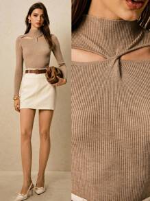 Poéselle Suéter de punto elegante de manga larga con cuello alto abotonado y calado, para mujer. Suéteres de mujer, ropa neutra para mujer, atuendos beige para mujer, suéter acanalado, suéter con calado para otoño/invierno