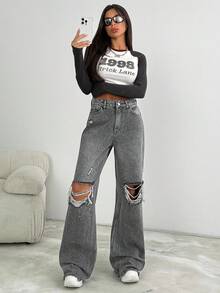 EURMUSE Lässige schwarze weite Jeans mit Destroyed-Effekt