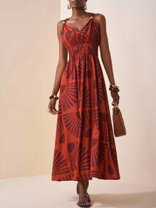 Zivah 2025 春夏新款音乐节、复活节、圣帕特里克节、西部风、游牧风、生日派对、毕业典礼、学院风、学生装、日常休闲、基础百搭、休闲、邮轮旅行、海滩、日光浴、网络热卖、街头服饰、婚礼宾客波西米亚风、通勤、早午餐、机场、细肩带 V 领无袖木质纽扣装饰褶饰腰部 Y2K 复古做旧假日印花长裙 - 彩色 - 查看 8