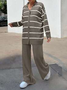 EURMUSE Women Striped Sweater Cardigan And Pant Set,Co Ord,Winter Clothes - Mocha Brown - View 6
