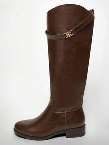 Solezae 女士日常休闲舒适圆头粗跟及膝靴，金属装饰