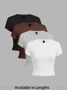 SHEIN Tall CURVE 4pcs/Set Plus Size Solid Color Cropped Round Neck Short Sleeve Fitted Women T-Shirt, Suitable For Summer - Multicolor - View 8