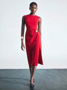 Maija Váy dài vừa phải không tay thắt eo màu đỏ trang trí kim loại cho nữ - Đỏ - Xem 4