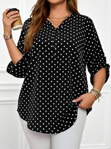 Miaspire Áo cánh tay cuộn cổ khoét họa tiết chấm bi thường ngày cỡ lớn dành cho nữ mùa thu - màu đen - Xem 3
