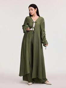 Veilorie Women's Solid Color Drawstring Long Sleeve Long Shirt And Trousers Two-Piece Set - Army Green - View 5