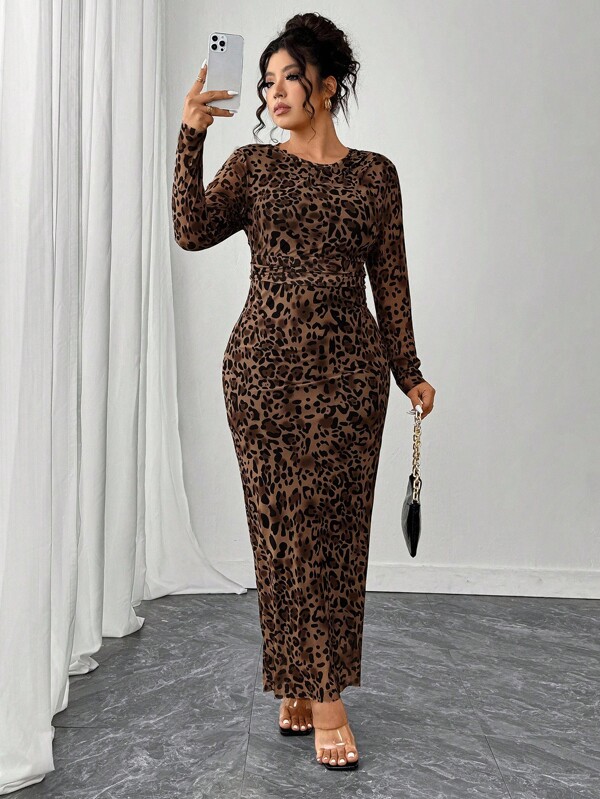 SHEIN Tall CURVE Elegant Fitted Bestselling Fashionable Leopard Print Fabric Long Sleeve Dress, Coffee Color, Plus Size, Spring/Summer/Autumn