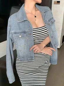 DAZY 女式落肩长袖休闲宽松牛仔夹克，秋季女装 - 淺色水洗藍 - 查看 4