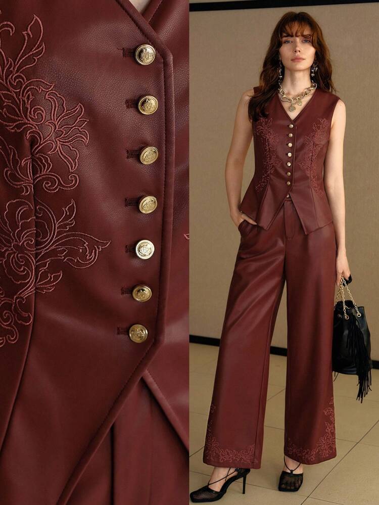 DELICATE PERFORATED EMBROIDERY LEATHER VEST TOP FOR DAILY WEAR