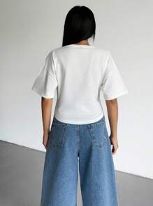 EURMUSE Women, Autumn, Spring, Short Sleeve, Round Neck, Dart Stitch, White, - White - View 2