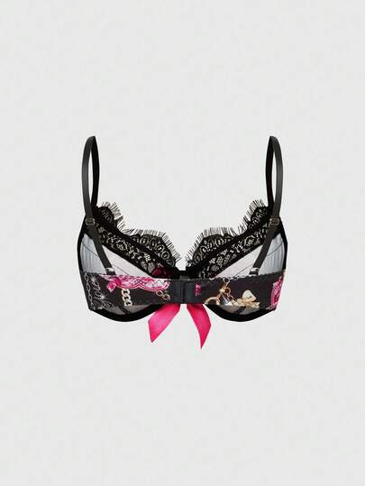 J-Fashion Collier rose en forme de cœur avec diamants, design de texte avec strass, soutien-gorge à armatures avec bordure en dentelle à œillets, style Gyaru Shibuya J-mode