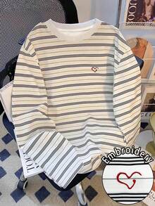 Resyla 2025 New Embroidery Japanese Retro Striped Long-Sleeved Round Neck Women's Autumn Hot Style Slouchy Age-Reducing Loose Tops Fall Cloth For Women - Multicolor - View 1