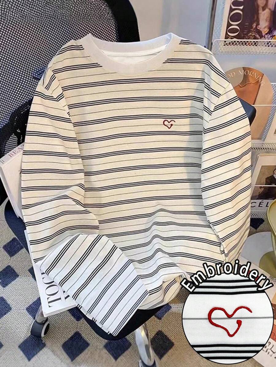 Resyla 2025 New Embroidery Japanese Retro Striped Long-Sleeved Round Neck Women's Autumn Hot Style Slouchy Age-Reducing Loose Tops Fall Cloth For Women - Multicolor - View 1