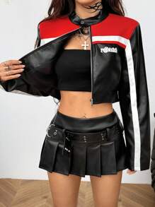 Coolane Women's Fall/Winter Streetwear Going Out  Letter Print Long Sleeve Zip-Up Cropped Motorcycle Jacket - Black - View 7