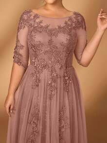 Serin Plus Size Summer Romantic Elegant Round Neck 3/4 Sleeve Lace Contrast Mesh A-Line Hem Luxury Applique Dress, Suitable For Evening Party, Date, Ball, Singles Party, Music Festival, Vacation, Wedding, Bride Mother Dress, Valentine's Day - Dusty Pink - View 3