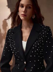 MOTF PREMIUM 女士秋季水钻装饰翻领优雅时尚西装外套 - 黑色 - 查看 3