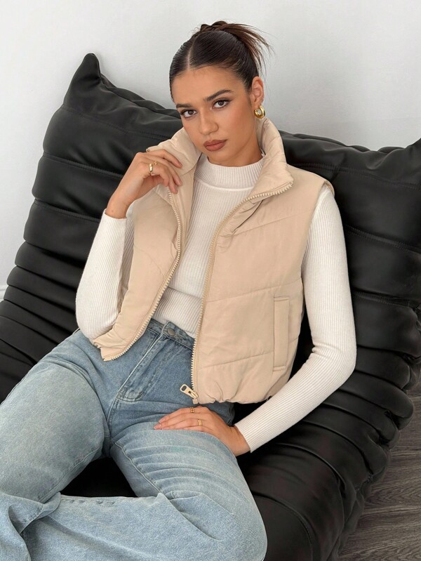 SHEIN Tall Chaleco corto casual con cremallera delantera de unicolor para mujer, invierno