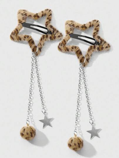 Grunge Punk 2pcs Y2K Retro Chic Fuzzy Ball Chain Star Leopard Print Hair Clips Set, Suitable For Women/Girls Daily Wear, Holiday Gift