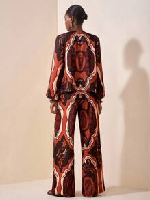 Zivah 2025 夏季新款音乐节、复活节、母亲节、婚礼季、出席婚礼、生日派对、日常穿着、百搭百搭、休闲、度假、邮轮旅行、海滩、日光浴、病毒式传播、街头服饰、优雅、通勤交叉领灯笼袖阔腿裤、对称复古印花女式连体裤 - A - 彩色 - 查看 2