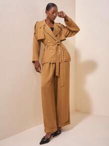 Zivah 2025春秋新款优雅通勤休闲派对宽松纯色卡其色长袖翻领系带金属扣装饰薄外套和阔腿长裤有口袋女装2件套