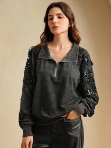 Anewsta Crew Neck Sleeve Patch Sweatshirt, Long Sleeve, Suitable For Fall, Autumn, Winter, Elegant, Chic, New Year, Casual - Black - View 7