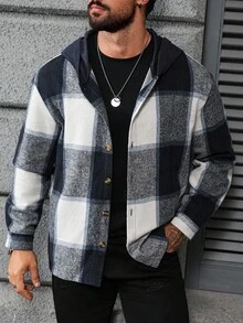 Manfinity Homme 男士休闲格子连帽外套 - 藍白色 - 查看 1