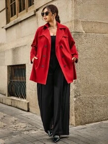 SHEIN Clasi 大码纯色双排扣系带长袖风衣 - 酒紅色 - 查看 4