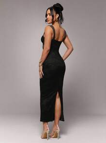 Silquee Váy dài ren co giãn màu đen gợi cảm thanh lịch ngọt ngào lãng mạn dây rộng cho nữ, thích hợp cho tiệc cocktail, hẹn hò lãng mạn, váy nhiều lớp, tiệc tùng, tụ họp trang trọng, đi chơi đêm, váy dự tiệc cưới, váy phù dâu, váy Halloween, váy Giáng sinh, váy Valentine, váy đi nghỉ, mùa xuân và đầu hè - màu đen - Xem 2