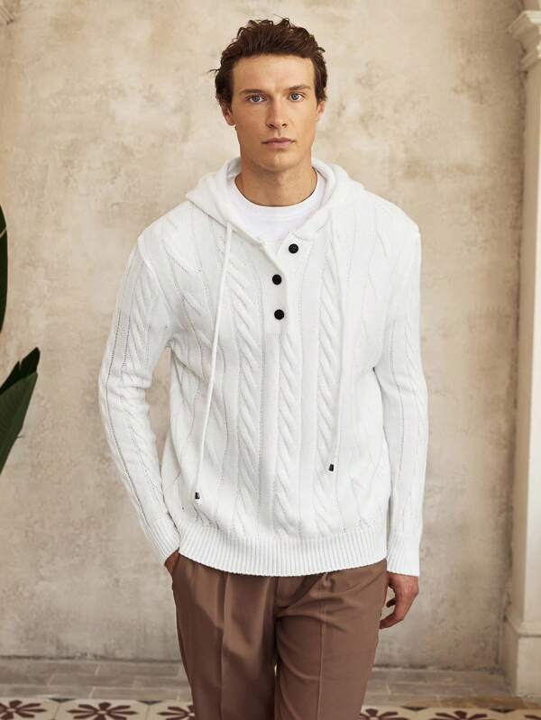Manfinity CityGents Men's Long Sleeve Hooded Pullover, Knitted Sweatshirt With Drawstring Cable Knit Sweater Men Mens Cardigans Sweater Hoodies For Men With Buttons Knitted Men Shirt Men Sweater Jacket