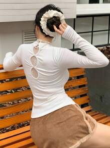 DAZY Women's Lace Patchwork Hollow Out Turtleneck Long Sleeve T-Shirt, Sexy Slim Fit Layering Top For Autumn & Winter,Fall Women Clothes - Beige - View 2