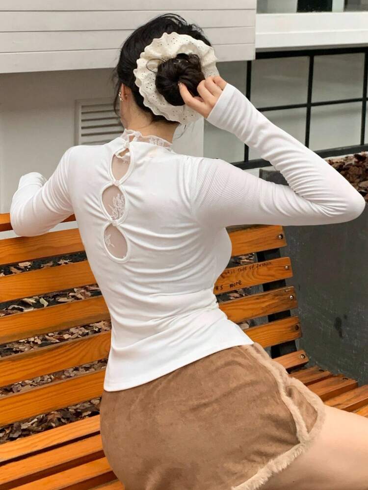 Women's Lace Patchwork Hollow Out Turtleneck Long Sleeve T-Shirt, Sexy Slim Fit Layering Top For Autumn & Winter,Fall Women Clothes