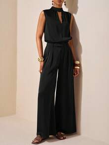 Zivah 2025 春夏新款音乐节、复活节、圣帕特里克节、西部风、游牧风、生日派对、毕业典礼、学院风、学生装、日常休闲、基础百搭、休闲、邮轮旅行、海滩、日光浴、病毒式传播、街头服饰、婚礼宾客波西米亚风、通勤、早午餐、机场装 2 件套：棕色缎面醋酸亚麻仿高领褶皱无袖上衣和西装裤 - 黑色 - 查看 6