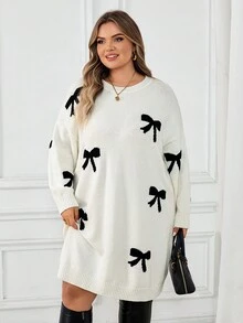 SHEIN CURVE+ 女士蝴蝶结图案圆领落肩长袖休闲毛衣裙，秋冬蝴蝶结连衣裙套头连衣裙蝴蝶结连衣裙/秋冬 - 黑與白 - 查看 6