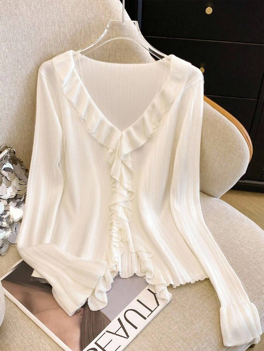 Franclia New French Romantic Ruffle Hem V-Neck Bell Sleeve Asymmetrical Women's Knit Cardigan, Spring/Autumn Knit Pullover Fall Winter - White - View 1