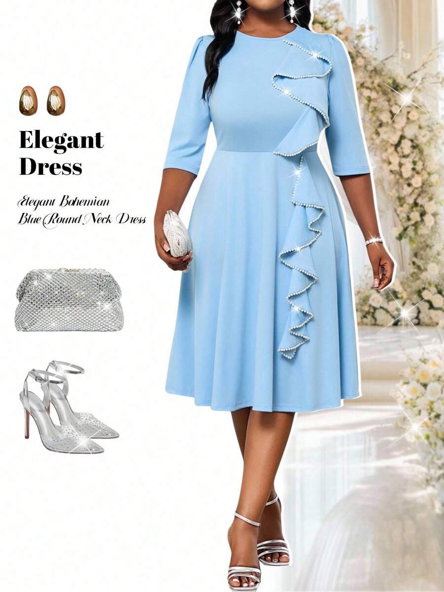 Fleurora 大码夏季优雅工作通勤纯色缺口领紧身连衣裙淡蓝色连衣裙浅蓝色紧身连衣裙女式夏装女式浅蓝色连衣裙紧身中长连衣裙 - 淺藍色 - 查看 1