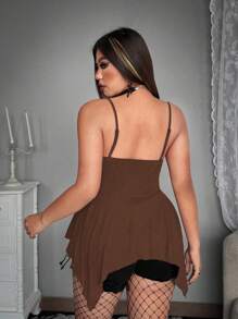 Whyspr Casual Punk Plus Size Punk Dark Style Chain Decor Cinched Waist Asymmetrical Hem Camisole - Brown - View 2