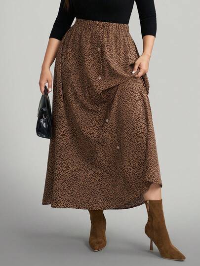 Comfylo Summer Plus Size Women's Small Leopard Print Long Skirt With Center Front Button Decoration,Summer Brown Skirt Fall Winter Office