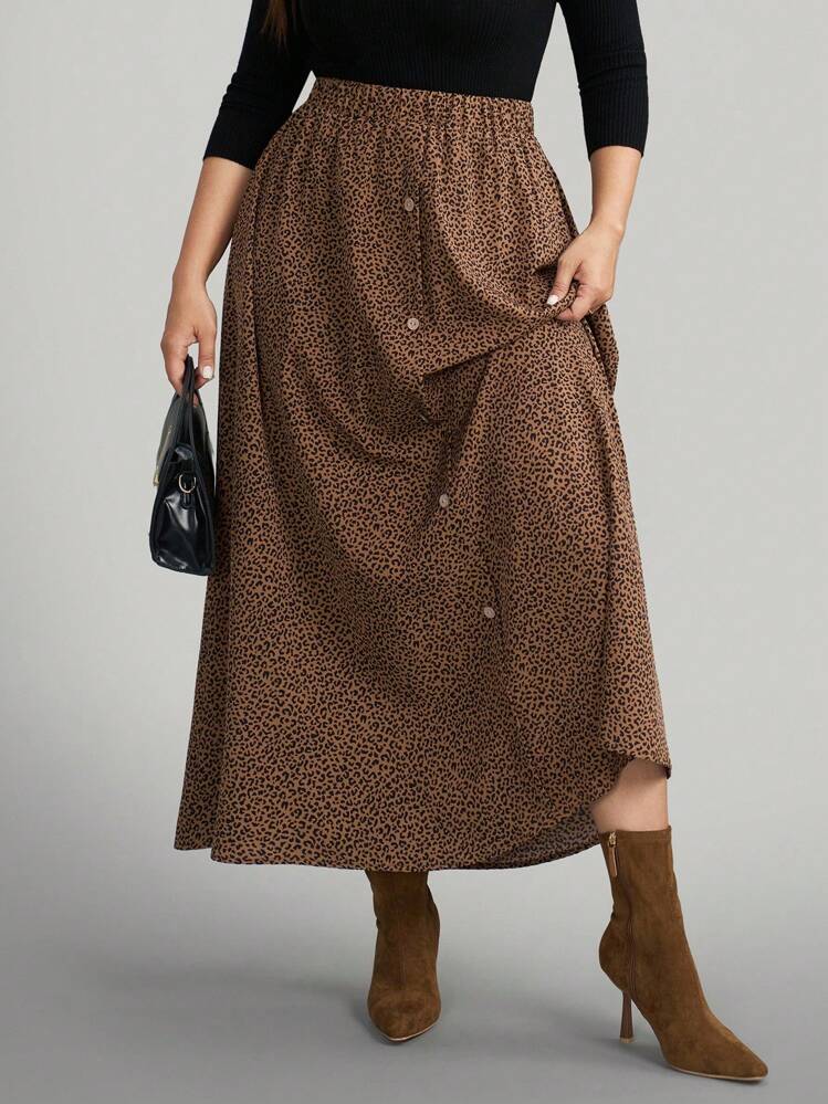 Comfylo Summer Plus Size Women's Small Leopard Print Long Skirt With Center Front Button Decoration,Summer Brown Skirt Fall Winter Office - Multicolor - View 1