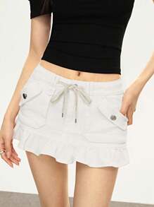 Rina Fox 女士系腰荷叶边下摆短款牛仔迷你裙