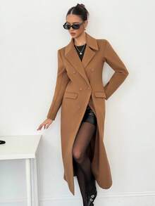 SHEIN Tall Women's Solid Color Lapel NeckLong Sleeve Double-Breasted Casual Long Jacket Long Brown Coat In Fall/Winter