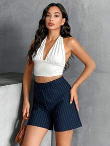 SHEIN Women Striped Detailed Elastic Waist Casual Shorts - Navy Blue - View 5