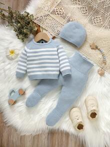 SHEIN 3pcs Newborn Baby Striped Sweater Set, Casual Pullover Sweater, Simple Leggings, And Hat Fall Winter - Green - View 6
