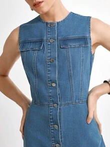 Daynim Women's Casual Single-Breasted Round Neck Sleeveless Denim Dress