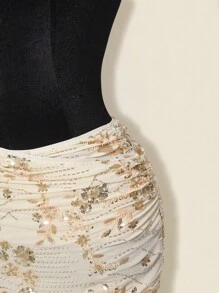 Sweetina Women's Sequin Embroidered Overlap Ruched Bodycon Mini Skirt - Apricot - View 4