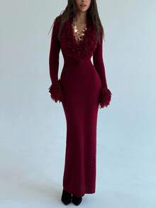 Aloruh Váy len dệt kim dài ôm sát, cổ chữ V tua rua, chắp vá, viền loe, dành cho nữ vào mùa thu/đông - Màu Đỏ Sâu - Xem 6