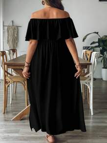 SHEIN VCAY 大码黑色露肩宽松A字连衣裙，度假休闲连衣裙，黑色连衣裙 - 彩色 - 查看 2